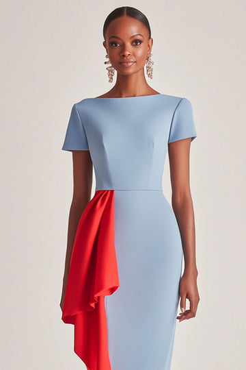 Bleu Manches Courtes Fourreau Satin Longueur Thé Robe Mère de la Mariée